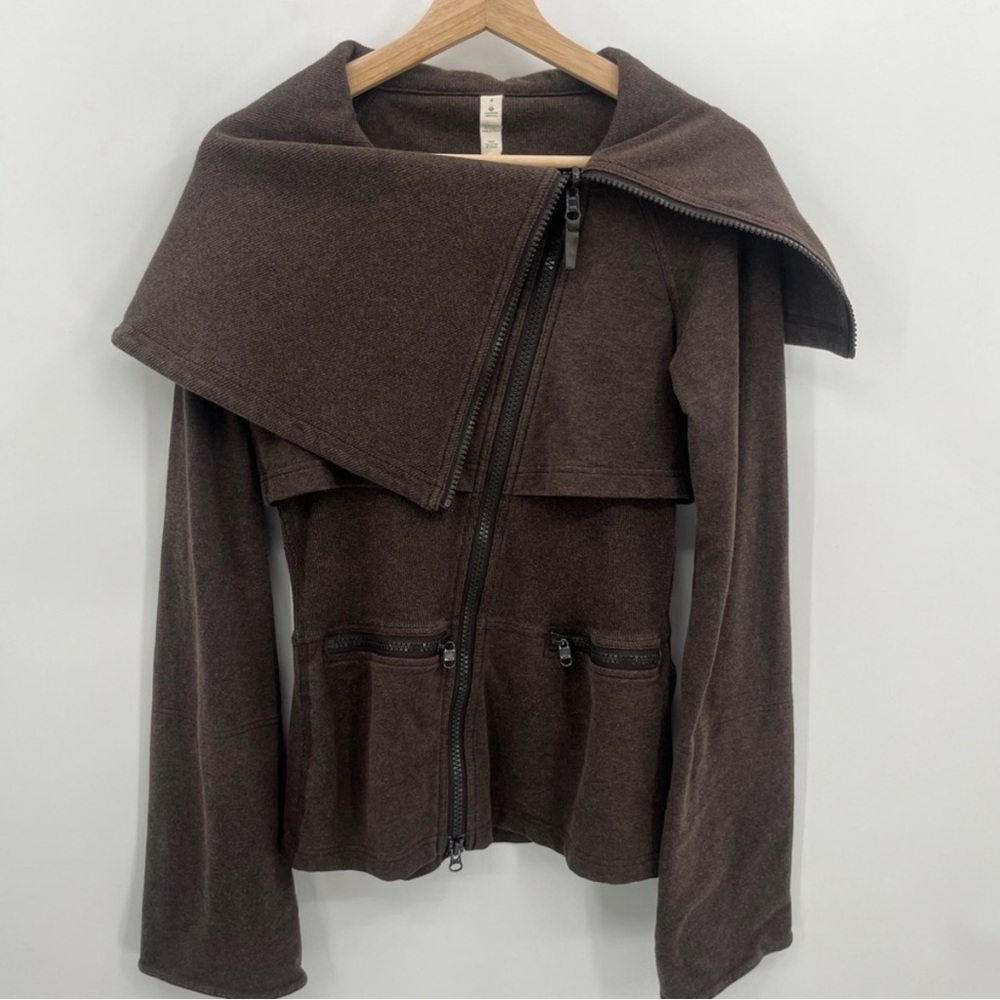 Lululemon Brown Asymmetrical Zip Retro Moto Style Sweater Jacket